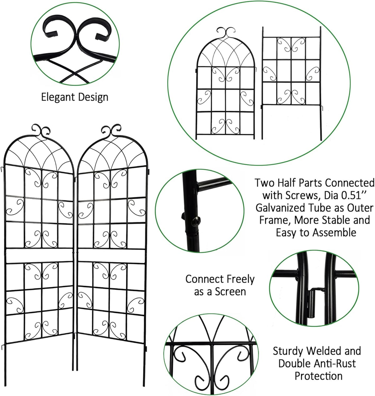 4 Pack Metal Garden Trellis 71" x 19.7" Black Fence Rustproof Garden Trellis for Climbing Plants Support Roses Flower Outdoor Lawn, Black