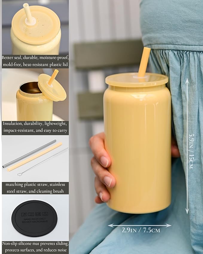 Glass Cups with Lids and Straws, 16oz Stainless Steels Cups, Beer Cups, Iced Coffee Cup, Smoothie Cup, Sublimation Tumbler, White (Smooth Polished Finish, Sublimatable)