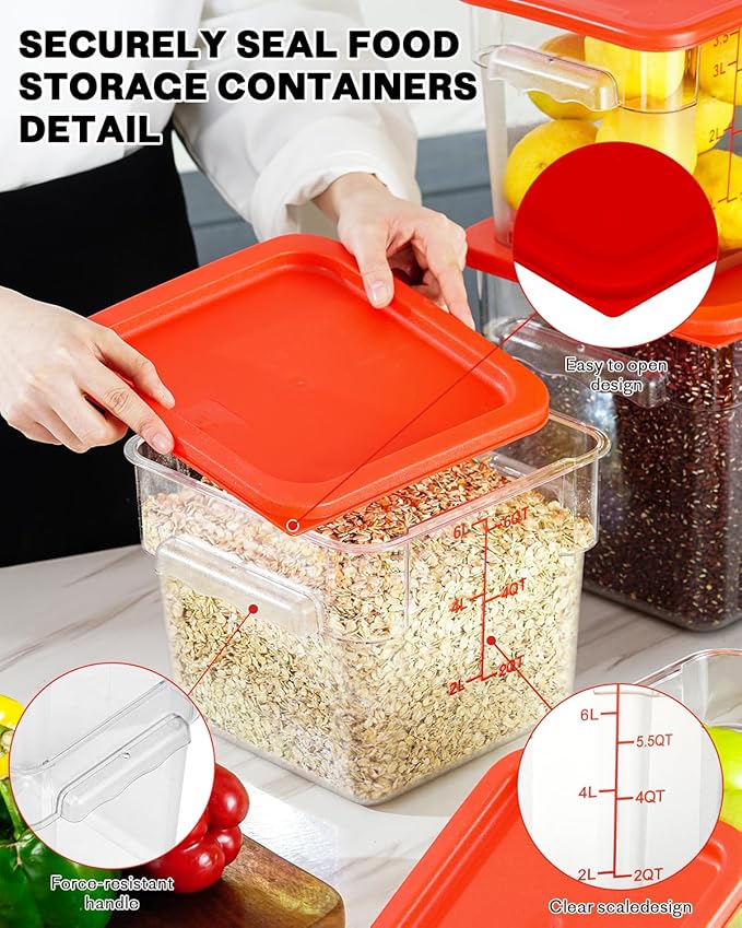 12 Quarts Sous Vide Container: 6 PCS Commercial Food Storage Containers with Lids - Clear Food Container with Scales Handles for Home Restaurant Kitchen Storage Pizza Bread, Red N1