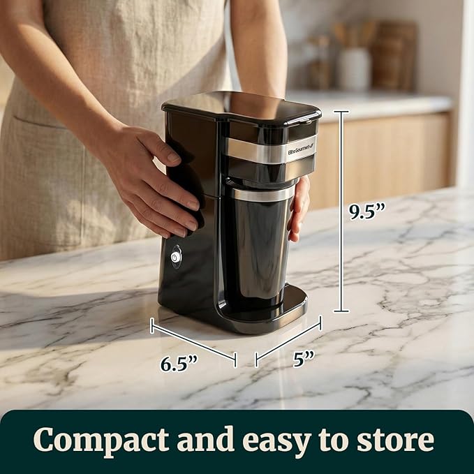 Elite Gourmet EHC113 Personal Single-Serve Compact Coffee Maker Brewer Includes 14Oz. Stainless Steel Interior Thermal Travel Mug, Compatible with Coffee Grounds, Reusable Filter, Black