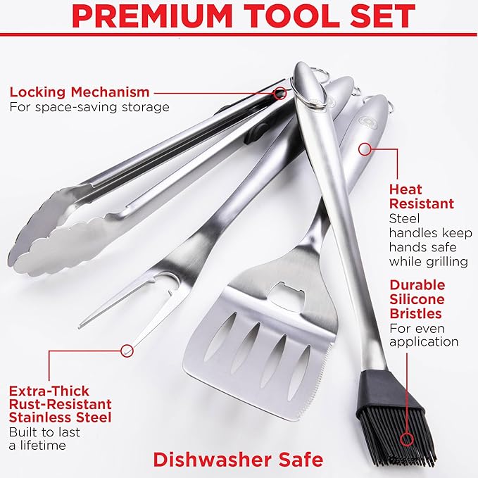 Alpha Grillers Grilling Accessories - Grilling Gifts for Men - BBQ Accessories Grill Tools Set with Spatula, Fork, Brush & Tongs - Outdoor Barbecue Utensils Gifts for Men Dad Him Boyfriend