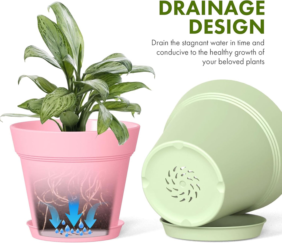 4 Inch Plastic Plant Pots with Drainage Holes and Trays – 8 Pack Small Nursery Pots for Indoor & Outdoor House Plants and Flowers, Seedling Starter Planters, Colorful