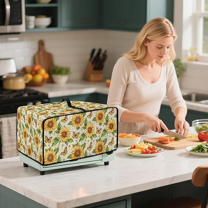 Countertop Convection Oven Cover Dust-Proof Toaster Oven Cover with Accessories Pockets, Countertop Convection Oven Protector, L, Sunflower Butterfly Retro Letter Print