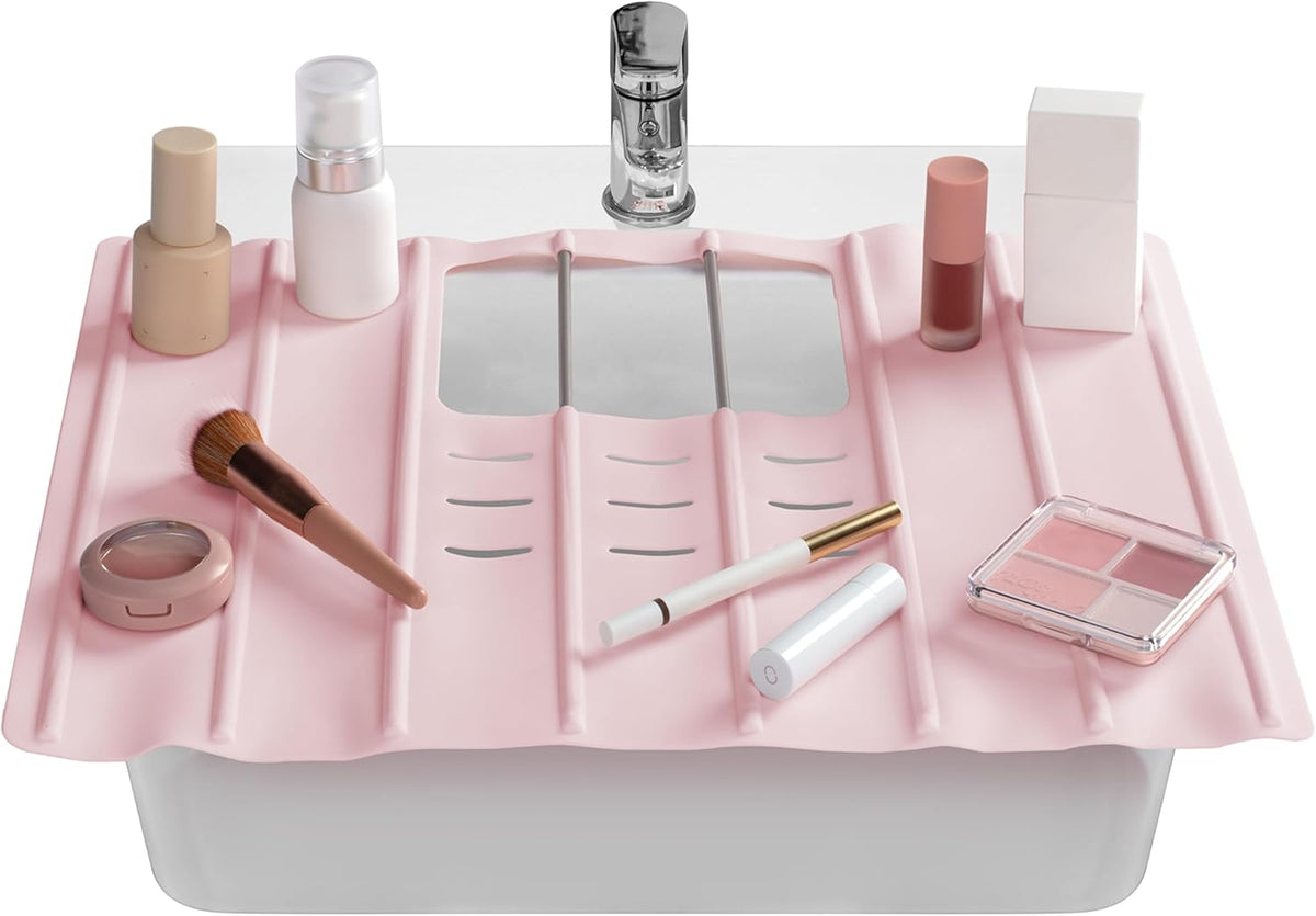 Maplefield Travel Size Bathroom Sink Cover for Counter Space - Foldable Silicone Sink Mat for Beauty Routine, Ideal for Small Bathroom, RVs, Camper Vans (Rose Pink Small, 19.5 x 15.5 x 1.6 Inches)
