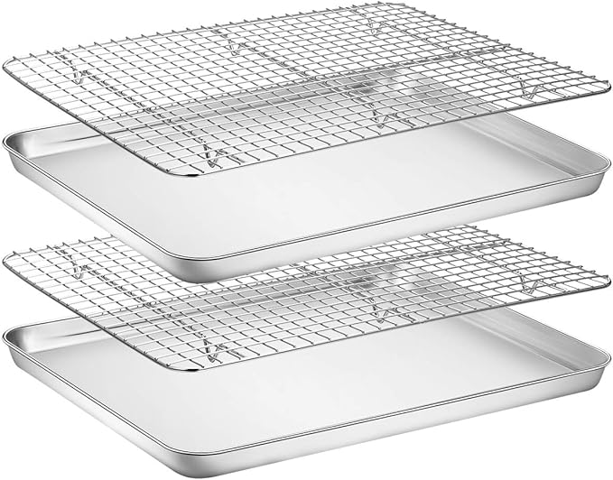 Baking Sheet with Rack Set [2 Pans + 2 Racks], Wildone Stainless Steel Cookie Sheet Baking Pan Tray with Cooling Rack, Size 16 x 12 x 1 Inch, Non Toxic & Heavy Duty & Easy Clean