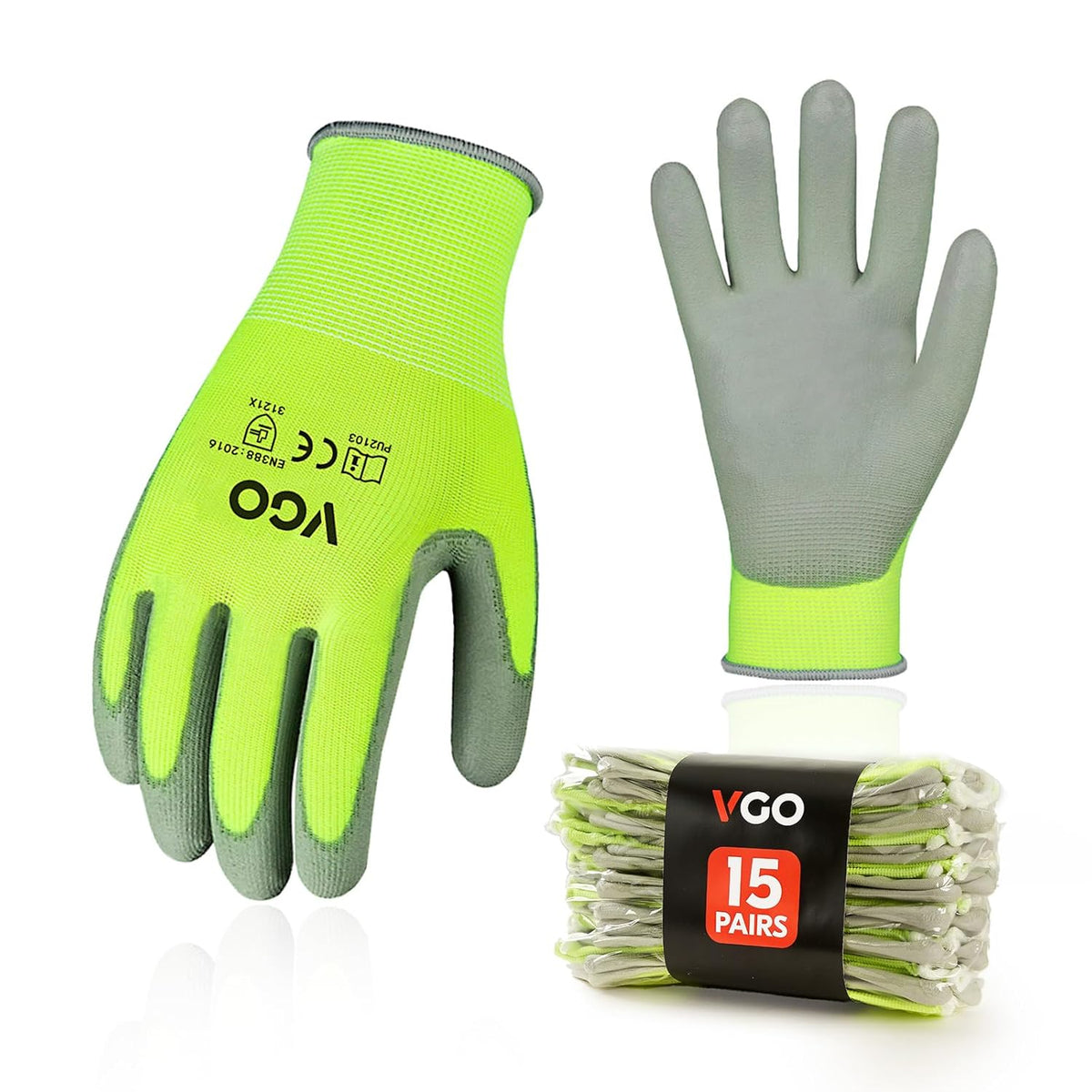 Vgo... 15-Pairs Safety Work Gloves, Gardening Gloves, Polyurethane Coated, Dipping Gloves, Latex Free (Size S, Yellow, PU2103)