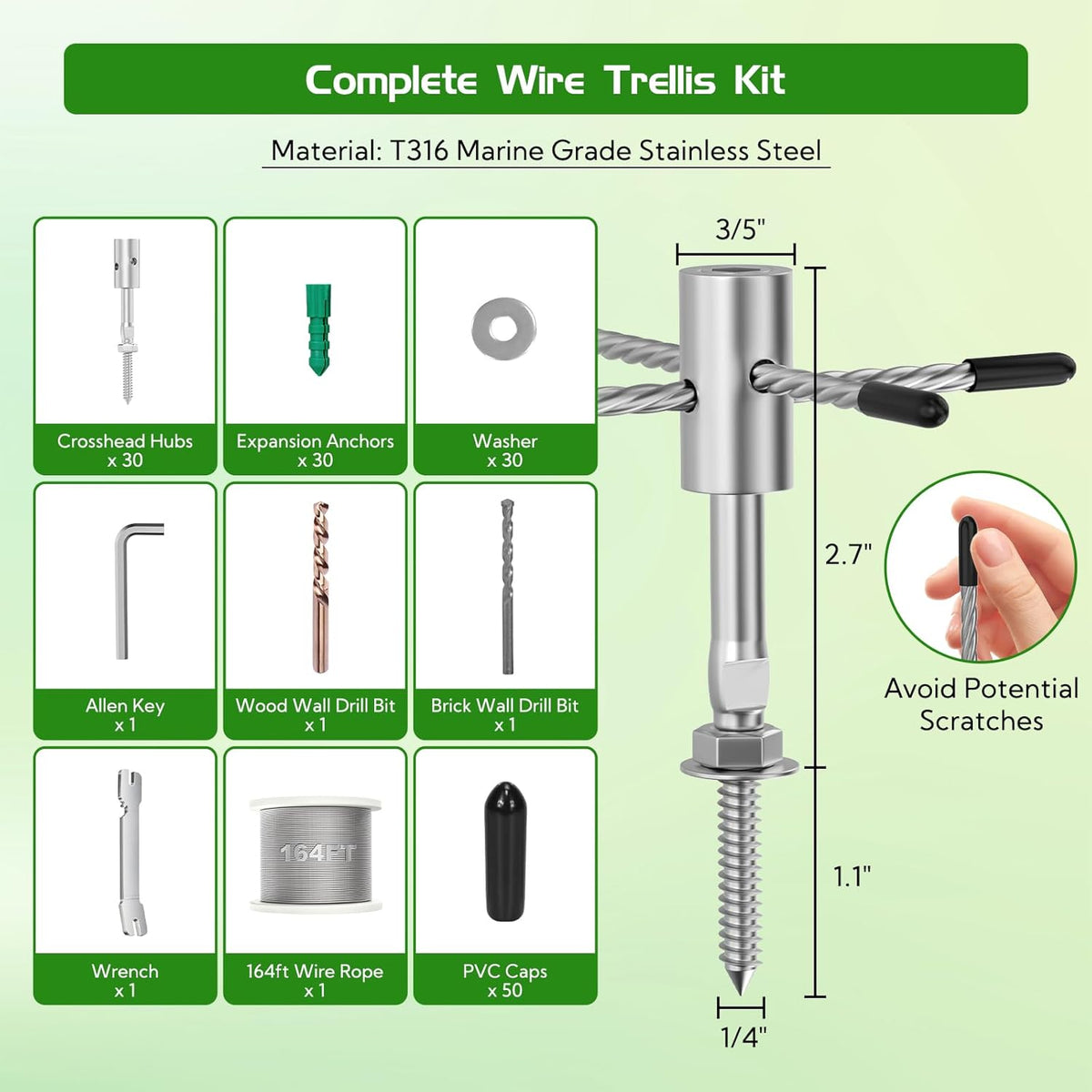 Trellis Wire for Climbing Plants Outdoor, 30 Set Wall Wire Trellis Kit with 1/8" x 164ft Stainless Steel Cable, T316 Espalier System Cable Trellis Kit with Adjustable Spacing Vines Green Wall