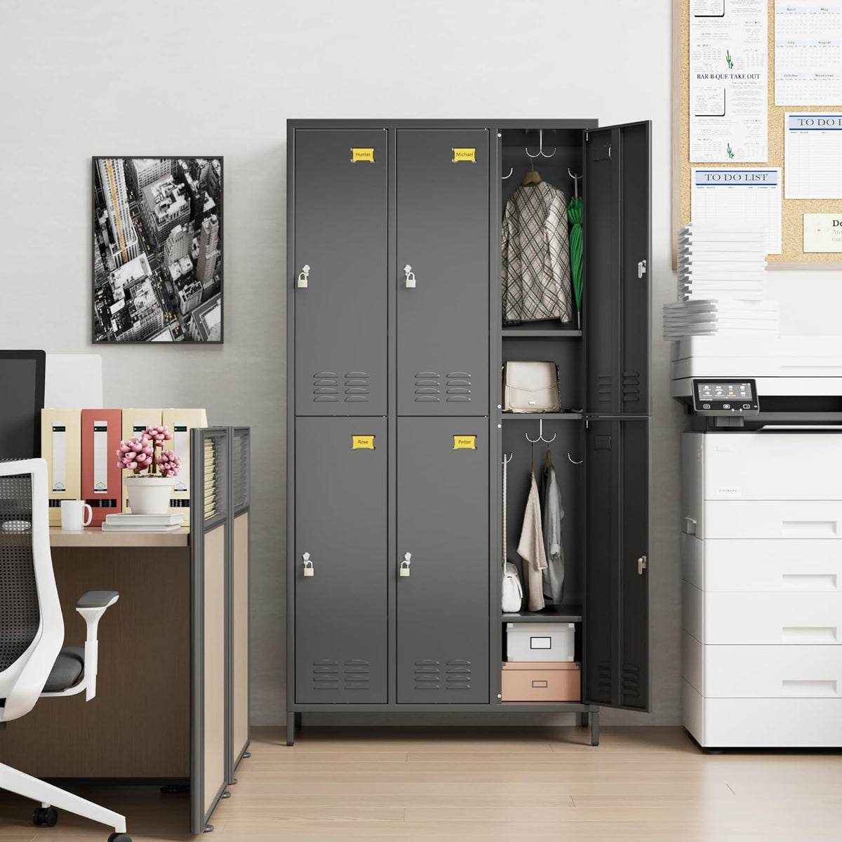 6 Doors Metal Lockers for Employees with 6 Shelves and 18 Hooks, Storage Locker with Business Card Holder for Office Gym School Bedroom, Assembly Required, Black