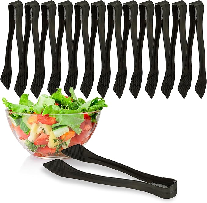 PARTY BARGAINS 8.5 Inches Plastic Serving Tongs, 12 Pack, Premium Quality & Heavy-Duty Black Plastic Tongs for BBQ, Salads, Grilling, Buffets, & Kitchen