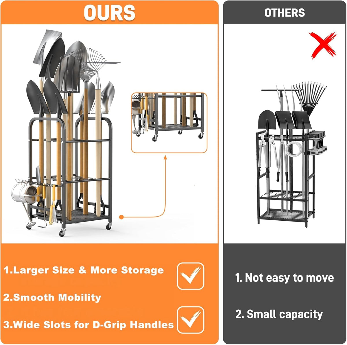 TORACK Garden Tool Organizer Stand with Wheels, Rakes Shovels Yard Tools Stand for Garage, Shed, Garden, Indoor/Outdoor Long-Handled Tools Cart