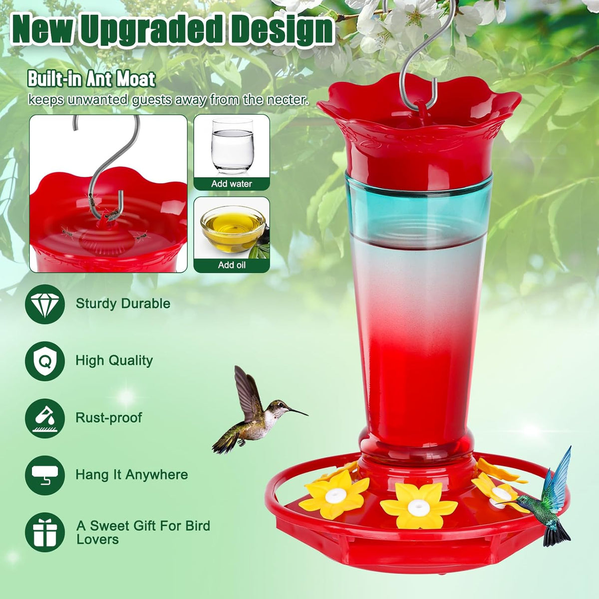 Glass Hummingbird Feeders for Outdoors Hanging Ant and Bee Proof Red & Blue 10OZ 2Pack Bird Feeders for Outside Hanging 6 Feeding Stations Bird Nectar Feeder for Garden Yard Décor Gift for Mom