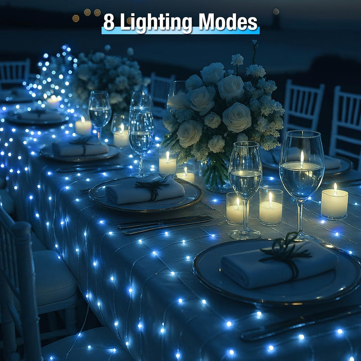 2 Pack Solar String Lights Outdoor - 160LED 66FT Solar Fairy Lights Waterproof 8 Modes, Copper Wire Solar Powered Twinkle Lights for Outside Tree Garden Christmas Wedding Party Decor (Blue White)