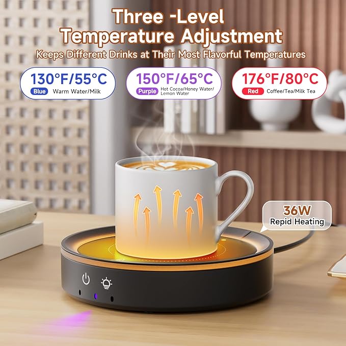 36W Mug Warmer, 3 Temperature Settings, Auto Shut Off (2-12H), Max 176°F, Wood Grain Design with Ambient Light,Ideal Gift for Home & Office (Black)