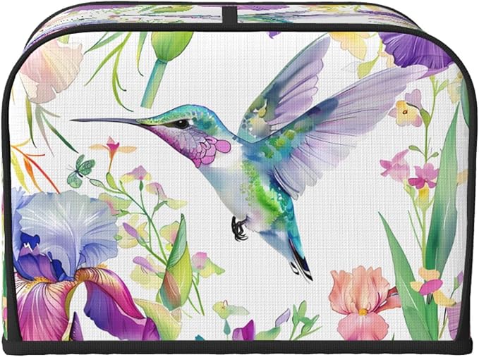 Toaster Cover 4 Slice Spring Hummingbird Iris Floral Waterproof Appliance Cover with Hang Loop Bread Baker Toaster Cover for Kitchen