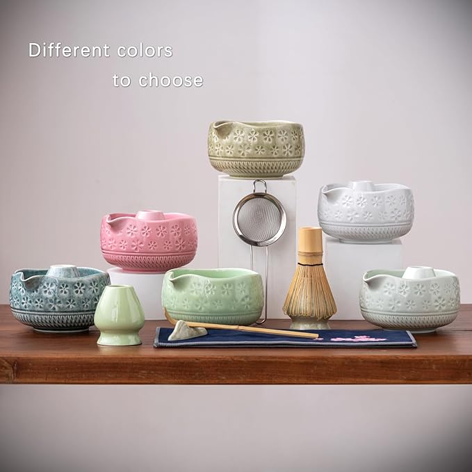 Buucup Matcha Whisk Set, Ceramic Matcha Kit Set Includes Matcha Bowl, Matcha Whisk and Holder, Bamboo Scoop, Scoop Rest, Sifter and Tea Towel - 7 Pcs Matcha Kit for Matcha Lovers (Pink)