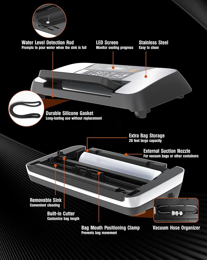 95KPa Food Vacuum Sealer Machine, 230W Vacuum Pack Machine 12-in-1 Automatic Powerful Food Preservation System with Double Heat Seal, Includes Built-in Cutter, Storage, 1 Roll & 10 Bags Black-silver