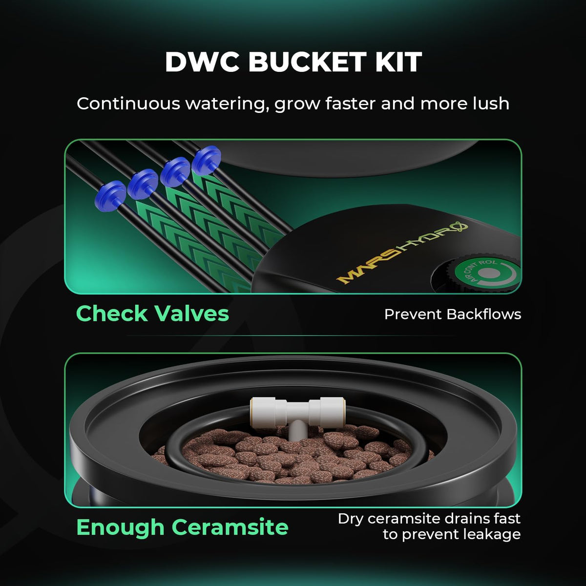 Mars Hydro DWC Hydroponics Grow System 5 Gallon Deep Water Culture with 8W Air Pump, Multi-Purpose Air Hose, Air Stone, 2 Buckets and Top Drip Kit