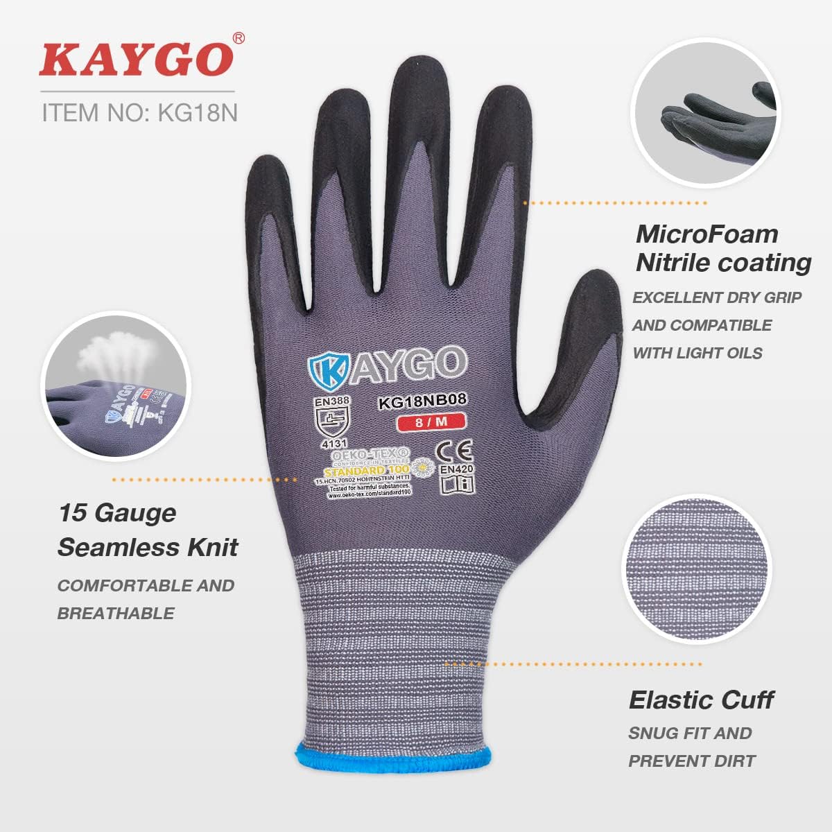 KAYGO Safety Work Gloves MicroFoam Nitrile Coated-60 Pairs, KG18NB,Seamless Knit Nylon Glove with Black Micro-Foam Nitrile Grip,Ideal for General Purpose,Automotive,Home Improvement, Large