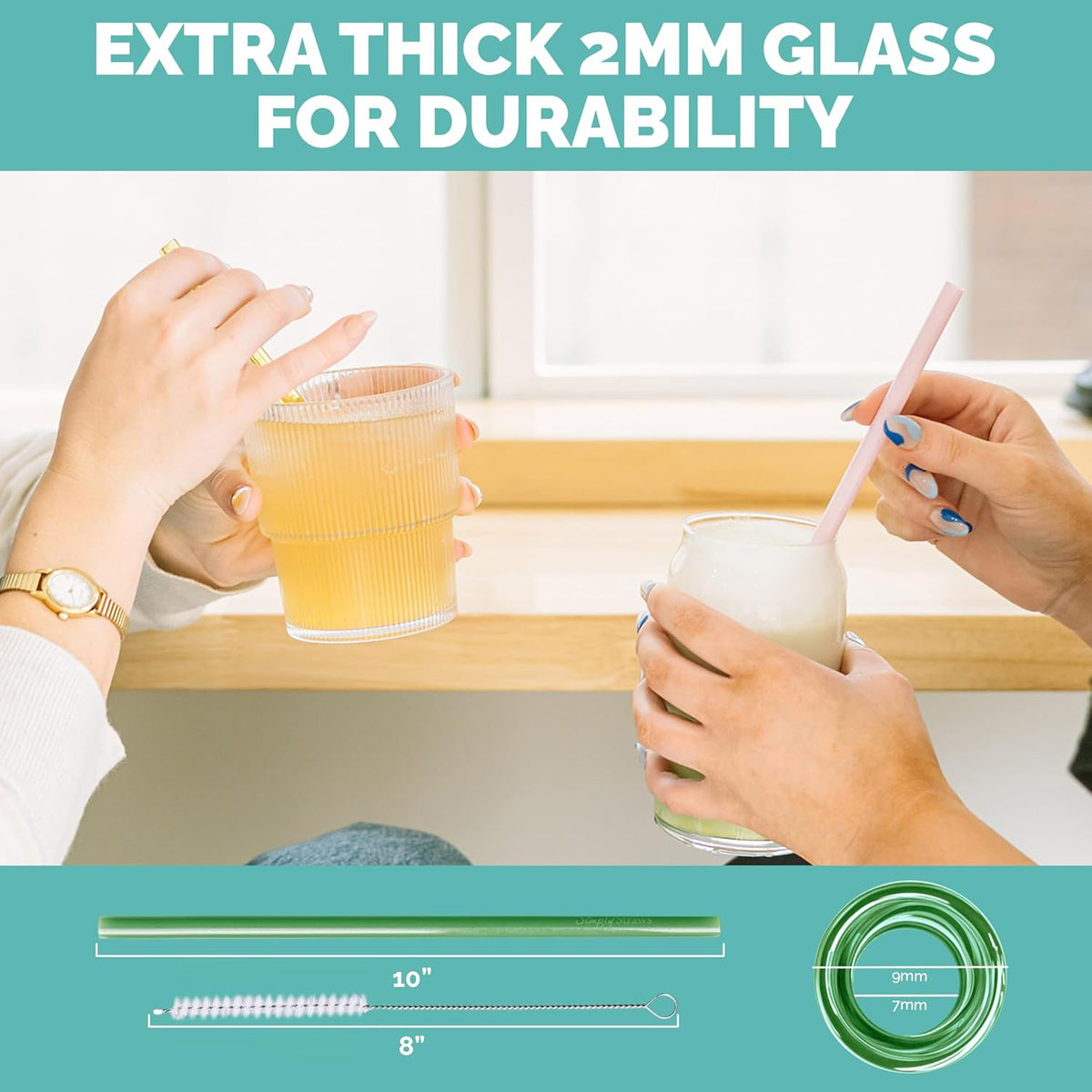 Simply Straws 6 Inch Glass Straws Straight (6-Pack) – Reusable Glass Straws for Low Balls & Stemless Glasses, with Cleaning Brush – Dishwasher Safe, Hot & Cold Use, BPA-Free (Meadow)