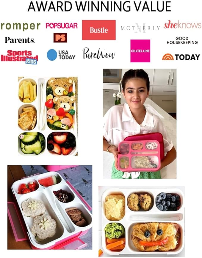 kinsho Bento-Box Lunch-Box Containers for Kids Girls Toddler Women, 6 Compartment Portion Container Kit, Meal Or Snack Boxes for School Daycare Travel, Bpa-Free Pink