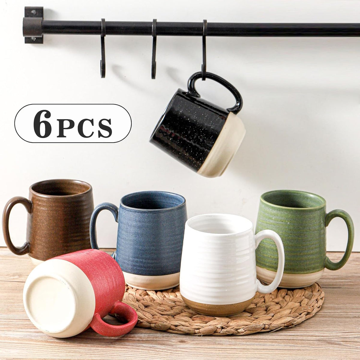 Hasense Ceramic Coffee Mugs Set of 6, 15 oz Large Porcelain Mugs with Handle for Women Men, Colorful Coffee Cups for Latte, Tea, Cappuccino, Microwave & Dishwasher Safe