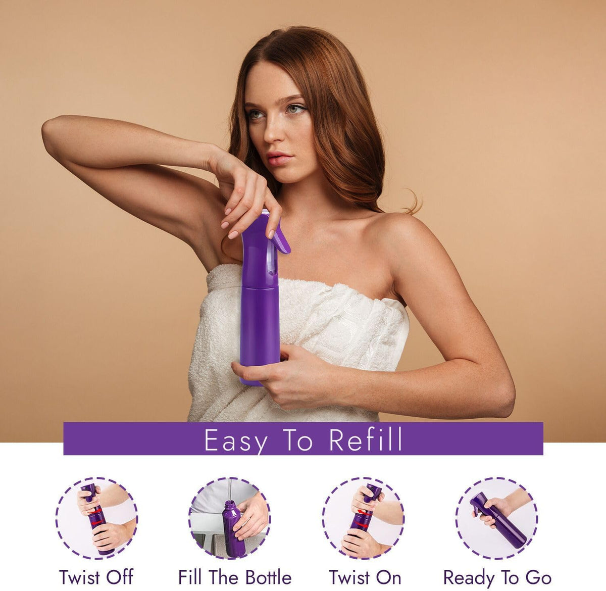 VIGOR PATH Continuous Spray Bottle with Ultra Fine Mist - Versatile Water Sprayer for Hair, Home Cleaning, Salons, Plants, Aromatherapy, and More - Empty Hair Spray Bottle - 300ml/10.1oz (Dark Purple)