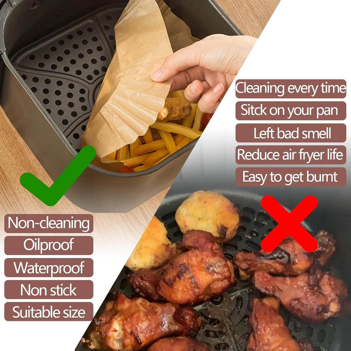 UBeesize 7.5 Inch Air Fryer Paper Liners,300 PCS Parchment Paper, Air Fryer Disposable Paper Liners for Microwave, Non-Stick Sheets Square Free of Bleach（Bottom size 6.3 Inch）