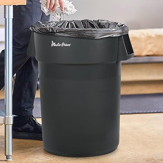 PLASTIC PRINCE 32 Gallon Round Trash Can with Lid and Dolly Gray Plastic Commercial Garbage Container for Home Garage Restaurants Warehouses - Bundle