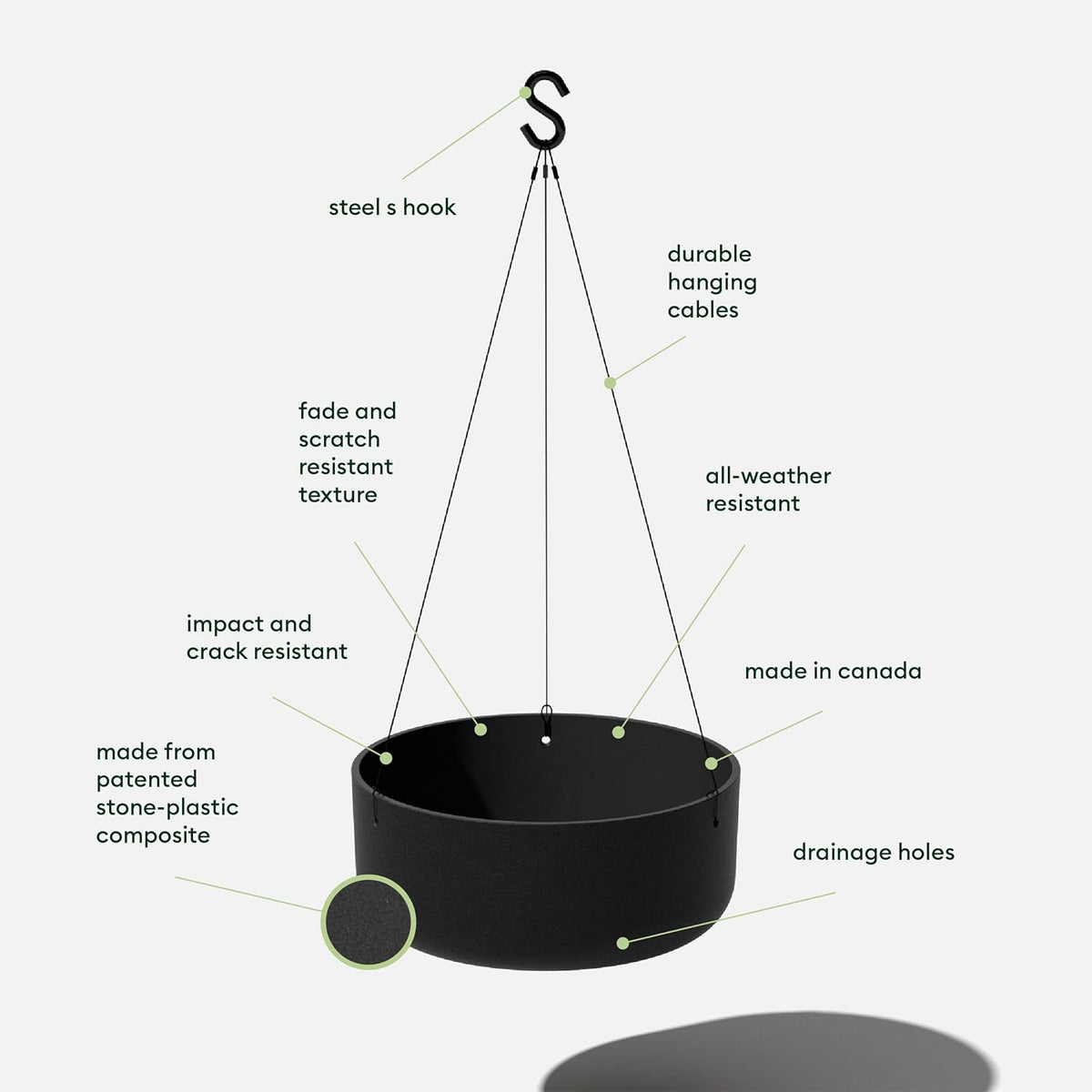 Veradek Mason Series Hanging Kona Planter - Round Planter for Outdoor Balcony/Patio | Made from Plastic-Stone Composite with Hanging Attachment | Modern Décor for, Flowers, Succulents, Small Plants