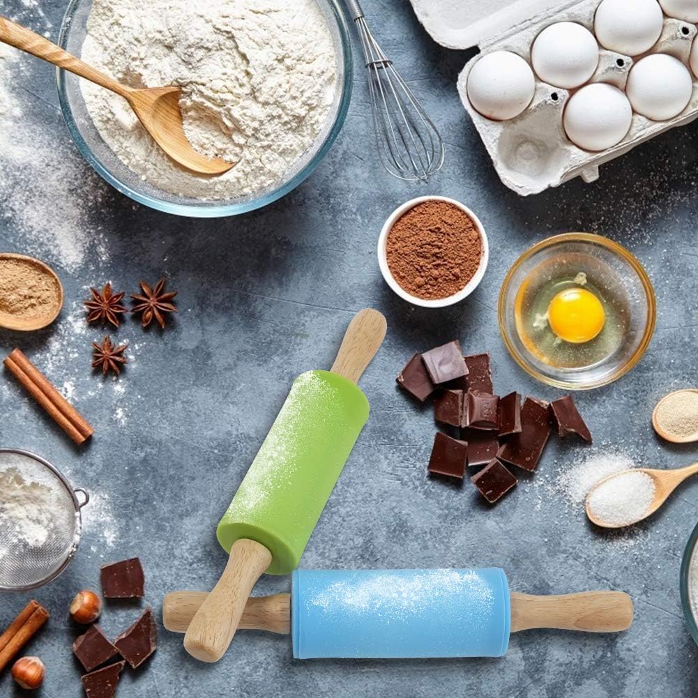 Koogel 9 Inch Mini Kids Rolling Pin, 2 Pcs Small Rolling Pin Handle for Home Kitchen Children Cake