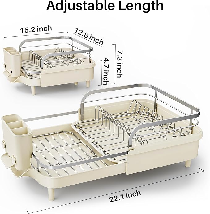 SNTD Dish Drying Rack, Expandable Dish Rack for Kitchen Counter, Stainless Steel Dish Drainer with Drainboard Set and Utensil Holder (Beige)