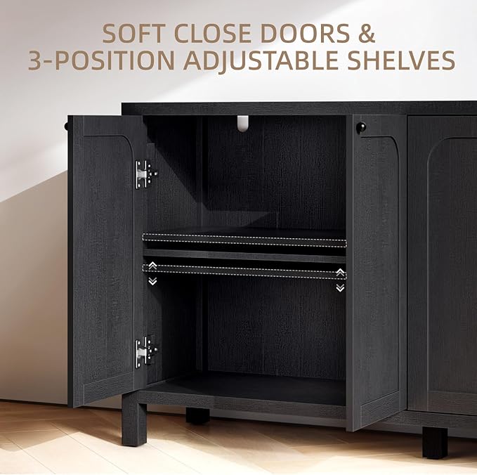 55" Black Sideboard Buffet Cabinet with Storage Modern Credenza with Doors Heavy Duty Wood TV Media Console Table Accent Cabinet for Living Room Hallway Entryway