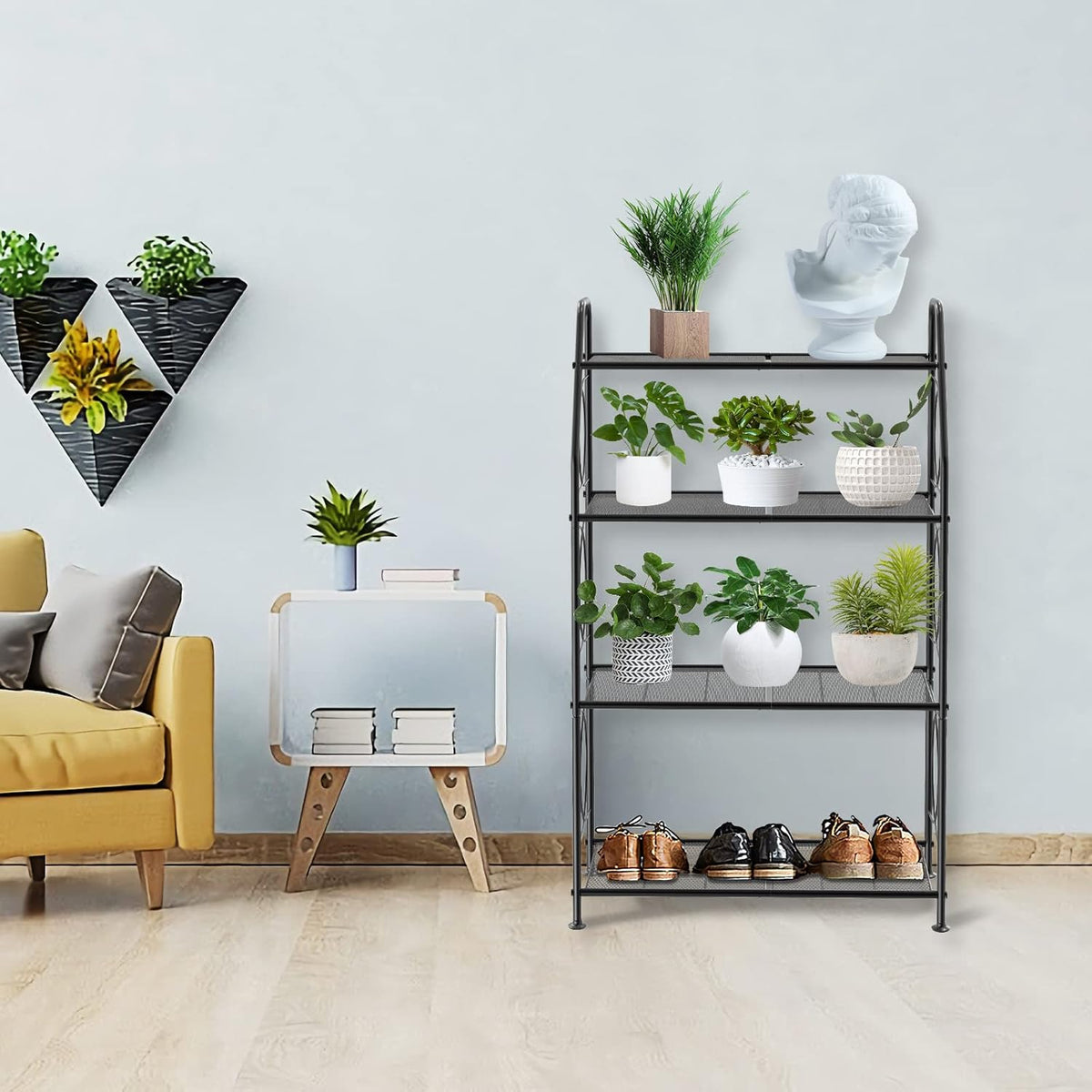 Plant Stand, 4 Tier Plant Shelf for Indoor Outdoor, Heavy Duty Metal Tall Plant Stands Holder Rack for Living Room Balcony and Garden, Black