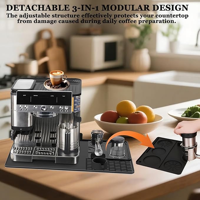 3-in-1 Silicone Coffee Machine Mat,for Ninja Luxe ES601 and ES701 Models: 24“ × 16” Coffee Machine Mat + Espresso Tamper Mat + Top Mat, Made from Food-Grade Silicone. Coffee Machine Accessories.