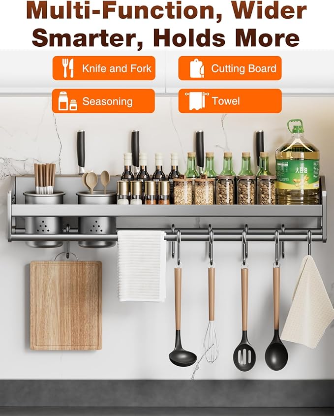 kitchen utensil hanger, wall mounted rail with hooks, waterproof hooks for utensils, easy installation without drilling (31.5 inches, Count, 3)