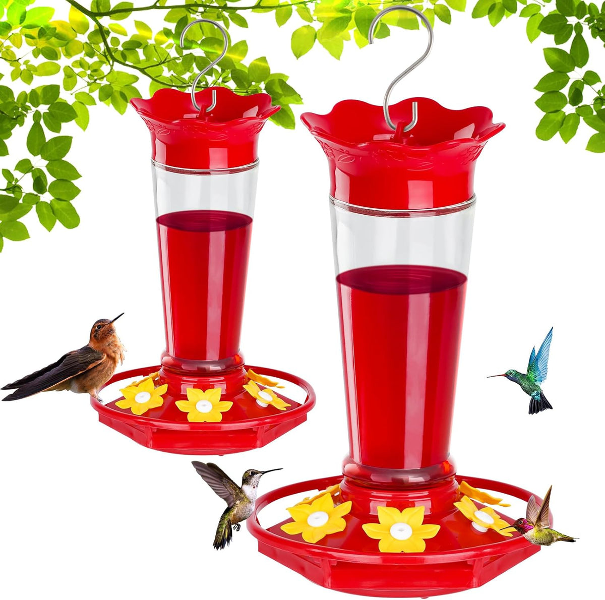 Glass Hummingbird Feeders for Outdoors Hanging Ant and Bee Proof Clear 10 OZ 2 Pack Bird Feeders for Outside Hanging 6 Feeding Stations Bird Nectar Feeder for Garden Yard Décor Gifts for Mom