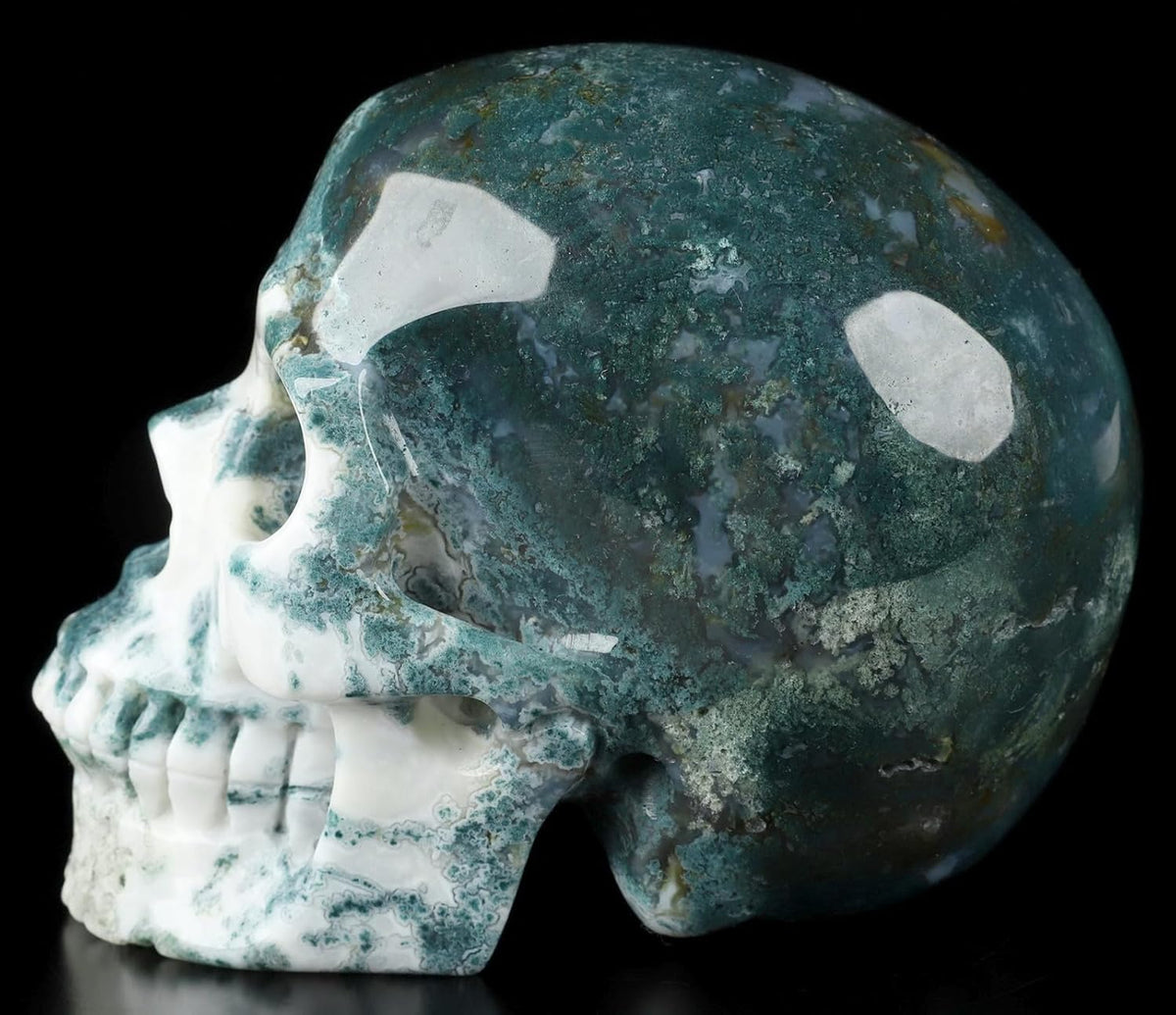 Skullis 5.0" Green Moss Agate Crystal Skull, Hand Carved Gemstone Fine Art Sculpture, Reiki Healing Stone Statue.2057