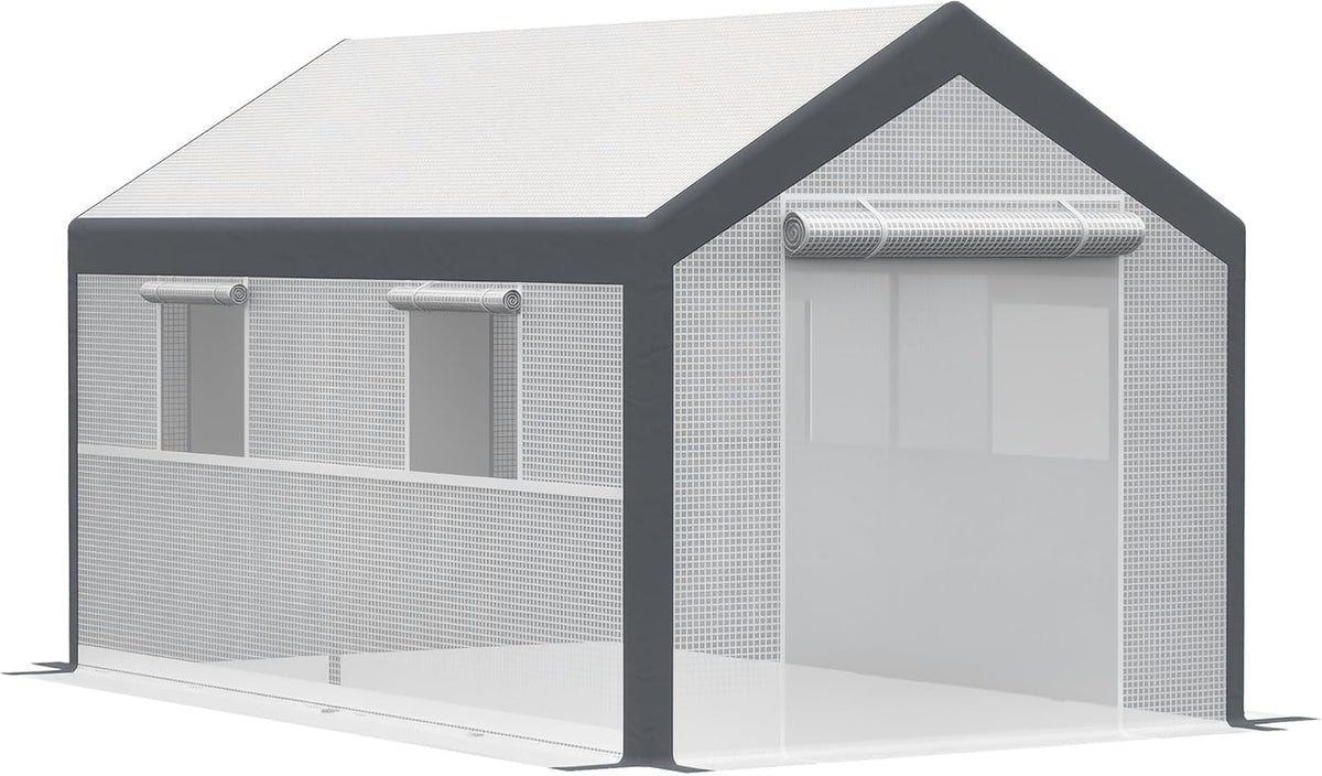 Outsunny 12' x 7' x 7' Walk-in Greenhouse, Outdoor Garden Warm Hot House with 4 Roll-up Windows, 2 Zippered Doors and Weather Cover, White