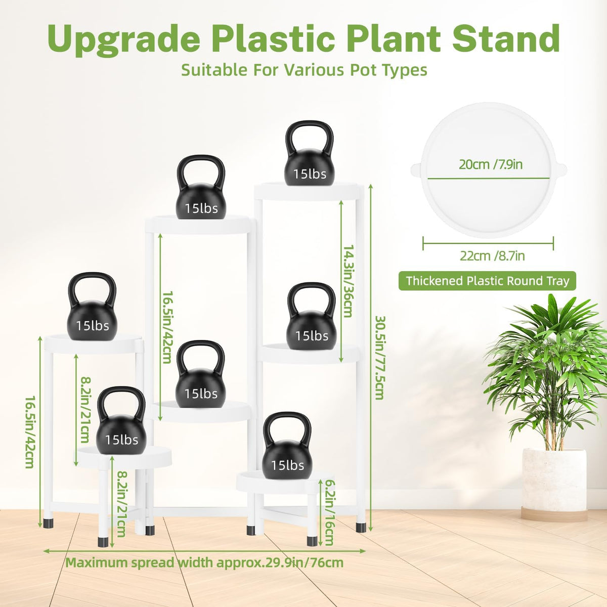 iDavosic.ly 7 Tier Folding Plant Stand Indoor Outdoor with Plastic Tray, Tiered Corner Flower Holder Shelf, Metal Orchid Display Rack for Patio Porch Living Room Garden Balcony, White