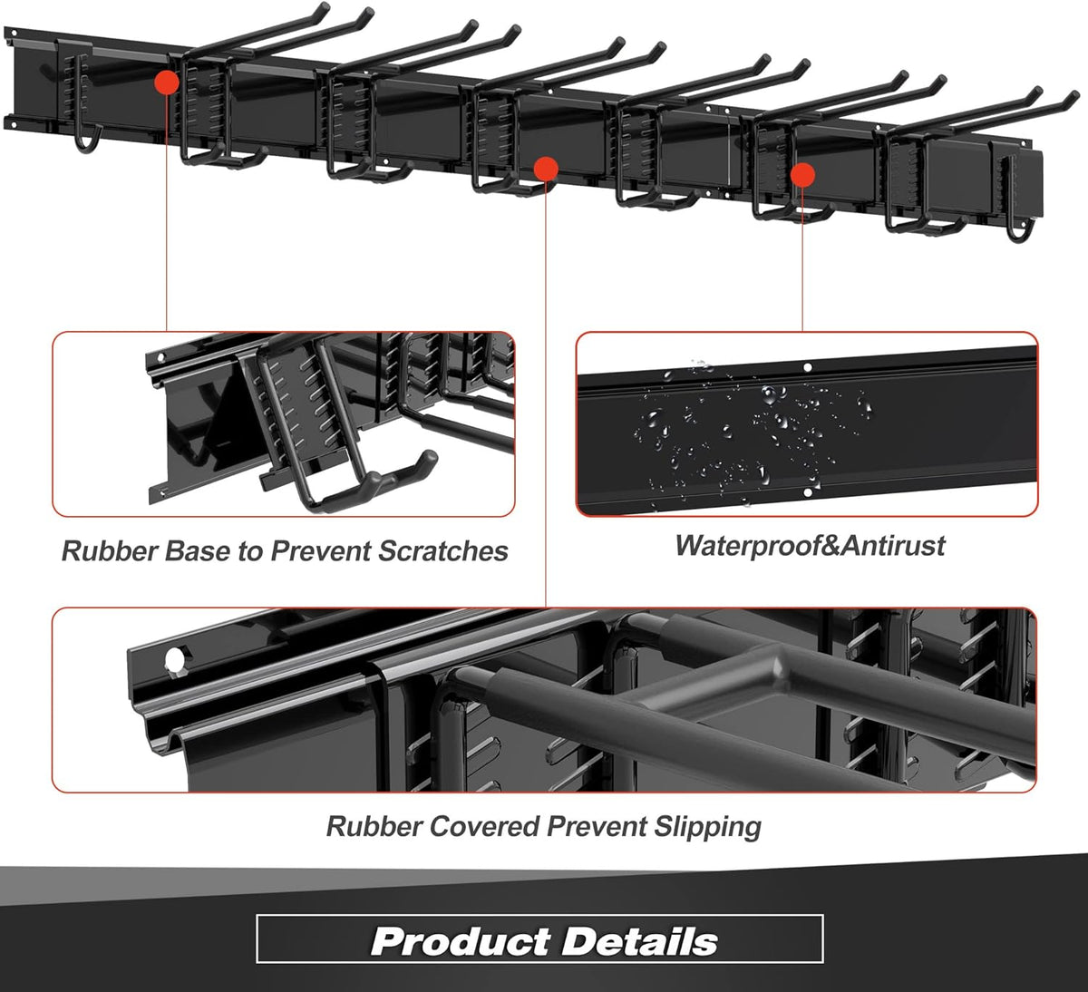 Storaboks Heavy Duty Garage Storage Rack System, Wall Mounted Tool Organizer with 8 Double Hooks, 3 Rails, Garden Yard Tools Hanger for Ski Gears, Broom, Rake, Shovel