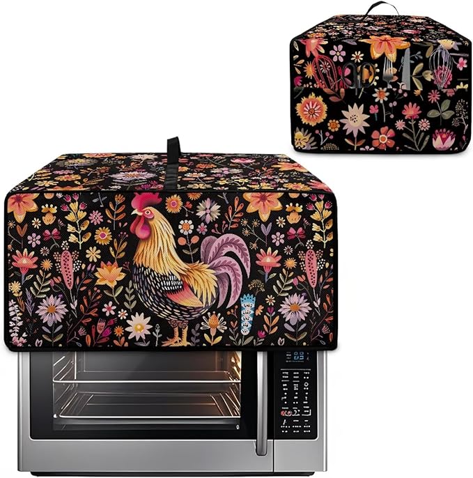 Microwave Oven Cover Air Fryer Toaster Oven Dust Cover with Accessory Pockets, Stain-resistant Small Electric Appliance Protector for Kitchen, S, Rooster Chicken Floral Black