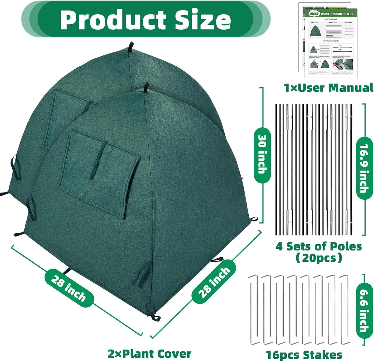 2 Packs Plant Cover Freeze Protection Blanket, 28''x28''x30'' Outdoor Garden Fabric Cover with Poles and Stakes for Winter Frost, Shade Cloth Plant Guard for Shrubs, Small Trees, Green