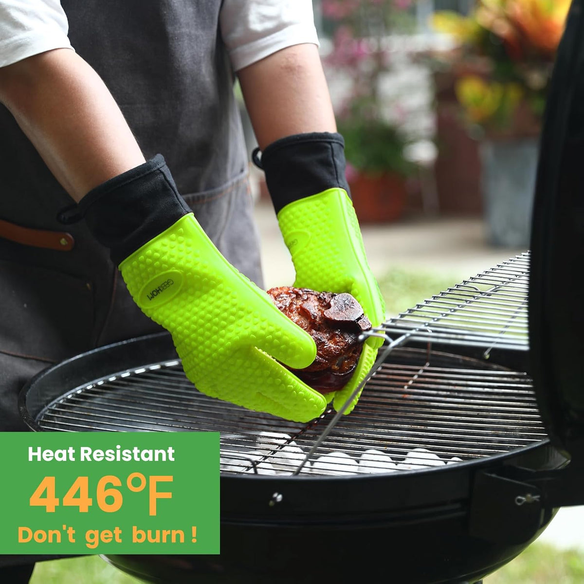 GEEKHOM BBQ Gloves Heat Resistant Oven Mitts - Silicone Grilling Gloves with 13.7" Arm Protection - Waterproof Pot Holder Non-Slip for Men & Women, Kitchen Outdoor Cooking, Baking, Camping, Green