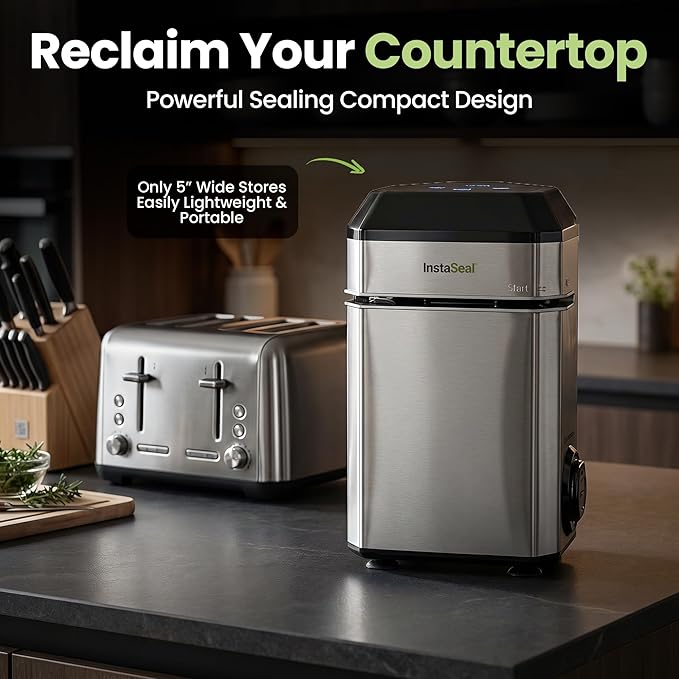 InstaSeal Vacuum Sealer for Food with 12 Bags, Preserves Foods 5x Longer, Space Saving Compact Upright Design Allows Machine to Seal Marinades, Soups, Meats for Sous Vide Cooking, Vegetables