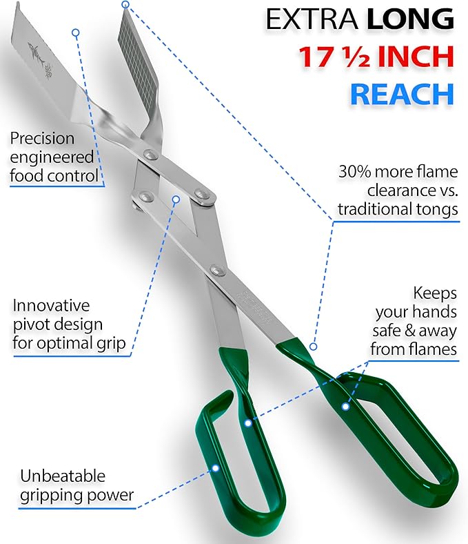 Shark BBQ Grill Tongs - 17 inch Green. Professional kitchen and outdoor grilling utensil. Long reach Barbeque Grilling Tongs. Ideal for steak, fish, burger, and sausage