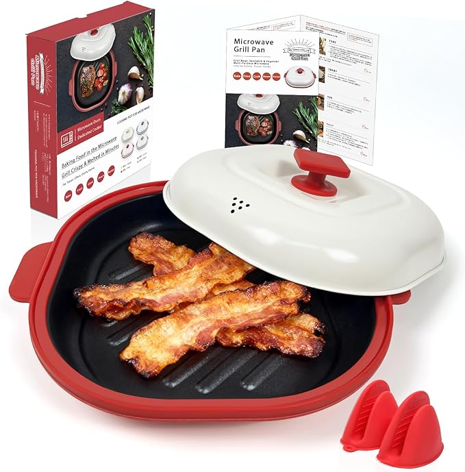 AHJ Microwave Grill Pan with Lid, Microwave Cooker Multi-Use for Grilling, Frying, Browning and Crisping, Microwave Griller & Crisper Pan for Grill Meat, Sandwich, Vegetable, Egg, Potatoes (Red)