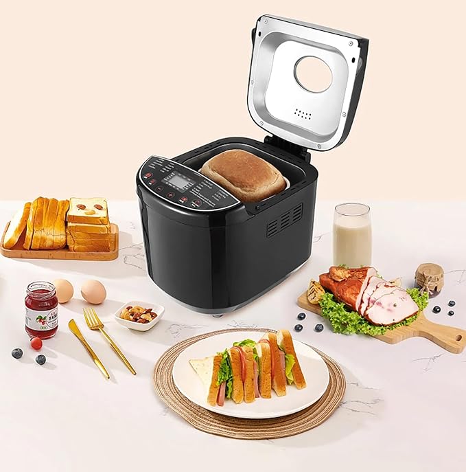 Bread Maker, 19-in-1 2LB Dough Machine, Nonstick Ceramic Pan Automatic Breadmaker with Gluten Free Setting, Automatic Compact Dough Machine Nonstick,Digital,3 Loaf Sizes, 2 Crust Colors, Black