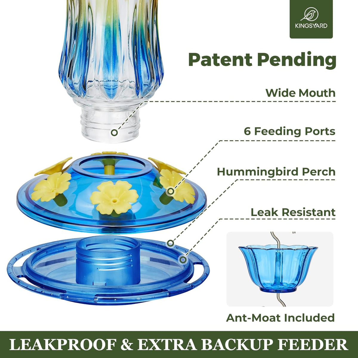 Kingsyard Hummingbird Feeder for Outdoors Hanging, 25 Ounces, Glass Humming Bird Nectar Feeder with Ant Moat & 6 Feeding Ports, Leak Proof, Blue