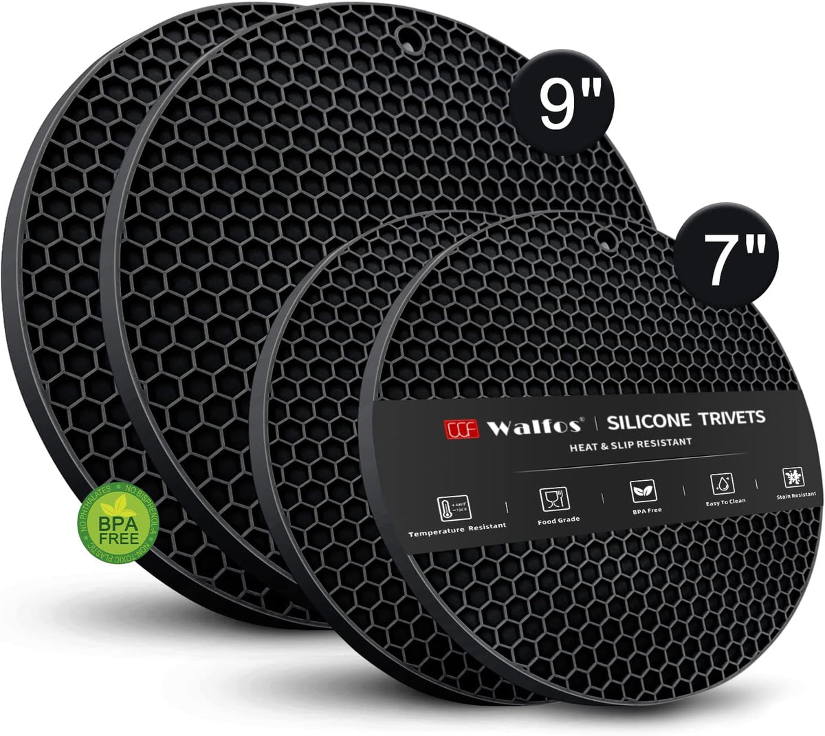 Silicone Trivet Mats - Walfos Heat Resistant Pot Holders Set, 4pcs 2 Sizes 7 Inch & 9 Inch, Multipurpose Non-Slip Hot Pads for Hot Pot, Hot Dishers, Jar Opener, Food Grade & BPA Free (Black)