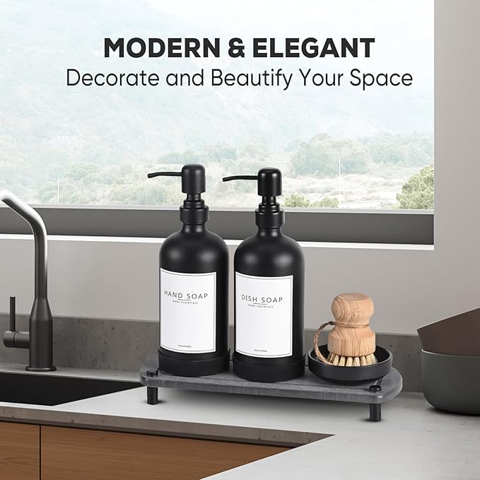 Kitchen Soap Dispenser Set with Instant Dry Tray,16 Oz Hand and Dish Soap Black Glass Dispenser Set,Stainless Steel Pump,Waterproof Labels&Dish Brush,Luxury Soap Bottle for Kitchen,Bathroom